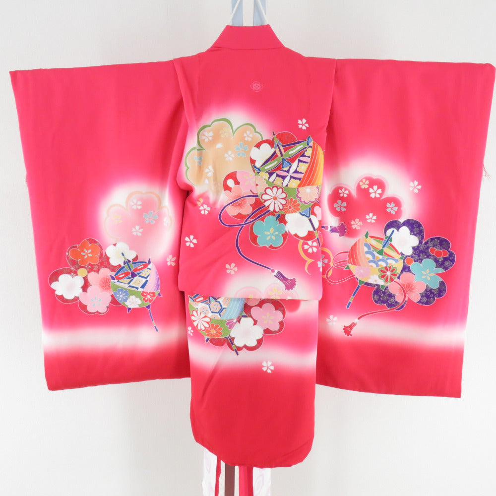 子供着物 女の子用 一つ身 襦袢付き 正絹 赤桃色 糸巻に桜紋様 木瓜一  