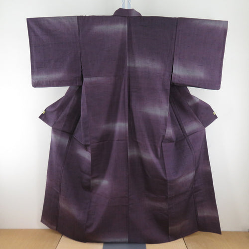 紬 着物 正絹 単衣 紫ｘグレー ぼかし染め 横段調 広衿 カジュアル着物 仕立て上がり 身丈159cm 美品