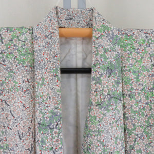 Komon Ume Mitsuru Lined Lined Collar White X Green Pure Silk Casual Kimono Size Lady Tailored 149cm Beautiful goods