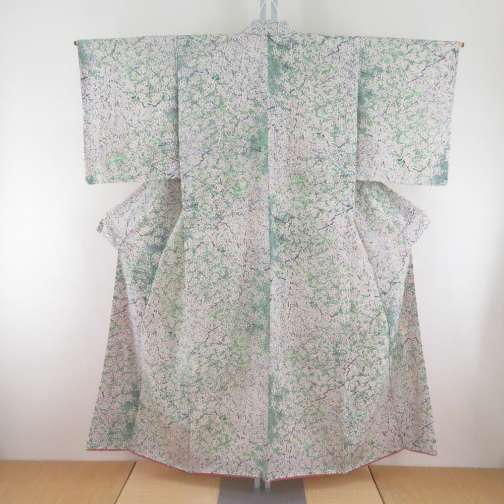 Komon Ume Mitsuru Lined Lined Collar White X Green Pure Silk Casual Kimono Size Lady Tailored 149cm Beautiful goods