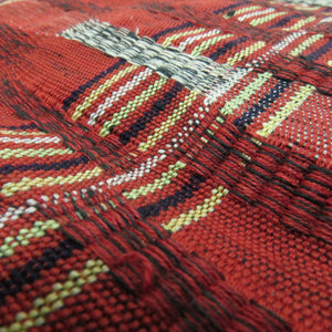 半幅帯 半巾帯 紬さがの カジュアル 正絹 綿 朱色ｘ黄色 木綿 日本製 長さ344cm 美品