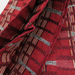 半幅帯 半巾帯 紬さがの カジュアル 正絹 綿 朱色ｘ黄色 木綿 日本製 長さ344cm 美品