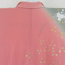 Load image into Gallery viewer, Visit arrival cherry blossom pattern Lined -collar silk greens x salmon pink blurred crest tailoring kimono 162cm beautiful goods