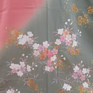 Visit arrival cherry blossom pattern Lined -collar silk greens x salmon pink blurred crest tailoring kimono 162cm beautiful goods