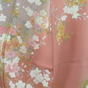 Visit arrival cherry blossom pattern Lined -collar silk greens x salmon pink blurred crest tailoring kimono 162cm beautiful goods