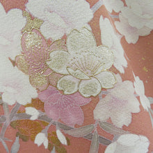 Load image into Gallery viewer, Visit arrival cherry blossom pattern Lined -collar silk greens x salmon pink blurred crest tailoring kimono 162cm beautiful goods