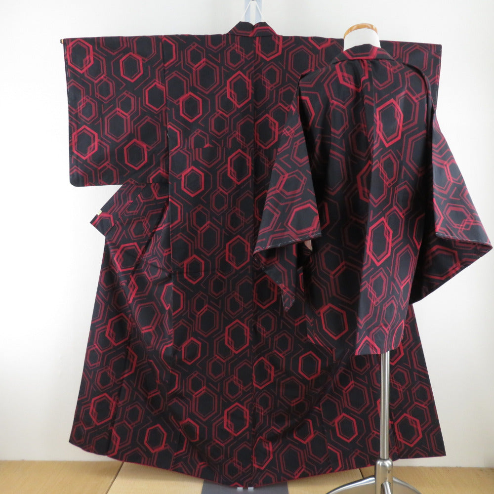 Tsumugi Kimono Ensemble Haori Tortoise Kodo Point Lined Bee Collar Red and Black Pure Silk Casual Casual Tailor 156cm