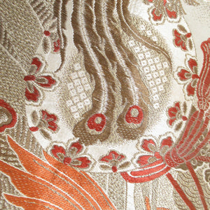 Round band antique phoenix pattern All handicapped gold x orange gold yarn x silver yarn Retro Meiji / Taisho romantic old kimono length 388cm