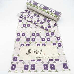 Ryeon Yonezawa Tsumugi 8 inch Nagoya Obi "Bud Bud" Swaseni White Purple Cross and Square Colonial Capriccial Kimono Correspondence Unsuitable Length 500cm