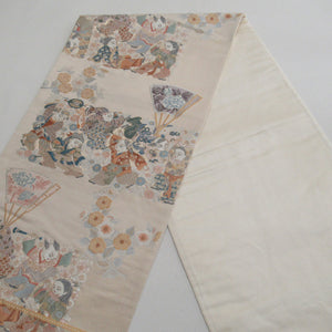 袋帯 唐子模様 正絹 金糸銀糸 ベージュｘ多色 六通柄 正絹 フォーマル 仕立て上がり 着物帯 長さ424cm