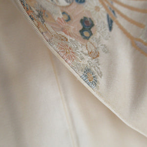 袋帯 唐子模様 正絹 金糸銀糸 ベージュｘ多色 六通柄 正絹 フォーマル 仕立て上がり 着物帯 長さ424cm