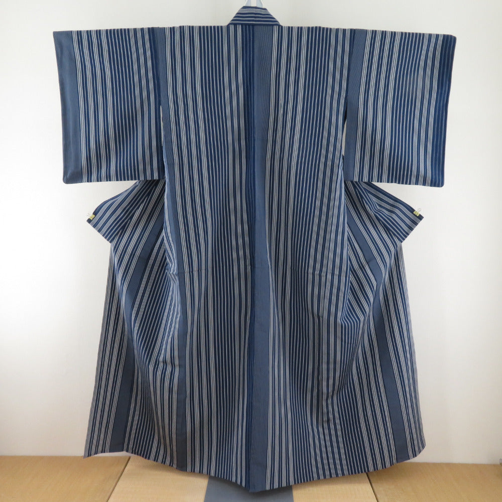 Komon Tokuchicho Akashi Akashi Chimi Vertical Striped Pure silk dark blue x gray women's summer tailoring 154cm