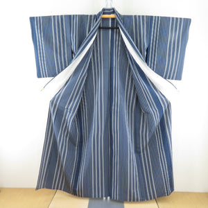 Komon Tokuchicho Akashi Akashi Chimi Vertical Striped Pure silk dark blue x gray women's summer tailoring 154cm