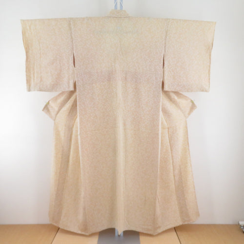 Komon single crest thin beige x white small -shaped pattern pure silk coat wide collar crepe crepe tailoring kimono 151cm