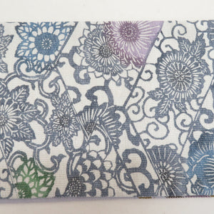 Half -width flower pattern pure silk white x blue x gray x multi -colored silver yarn reversible Japanese half width length 360cm