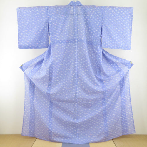 夏着物 単衣 絽 ポリエステル 洗える着物 夏用 小紋 羽根に縞柄 薄紫ｘ白 バチ衿 仕立て上がり 身丈165cm