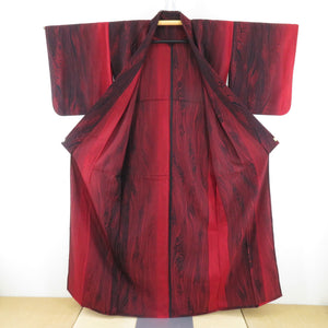 単衣着物 ウール・ポリエステル交織生地 赤ｘ黒 木目模様 バチ衿 カジュアル着物 身丈155cm