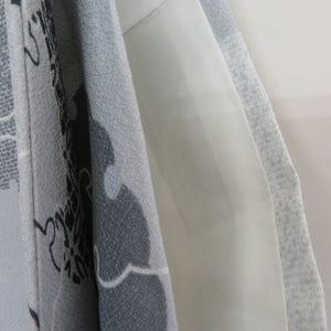 小紋 袷 広衿 雪輪に猫模様 灰色ｘ白ｘ黒 洗える着物 仕立て上がり ポリエステル着物 身丈160cm