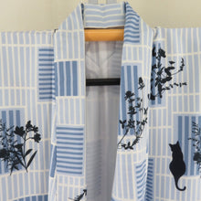 Load image into Gallery viewer, Komon lined wide collar lattice cat pattern blue x white x dark blue kimono tailoring polyester kimono 160cm