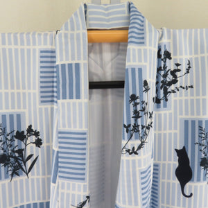 Komon lined wide collar lattice cat pattern blue x white x dark blue kimono tailoring polyester kimono 160cm