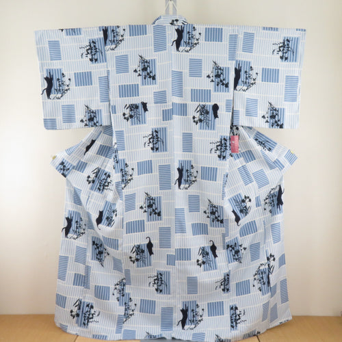 Komon lined wide collar lattice cat pattern blue x white x dark blue kimono tailoring polyester kimono 160cm