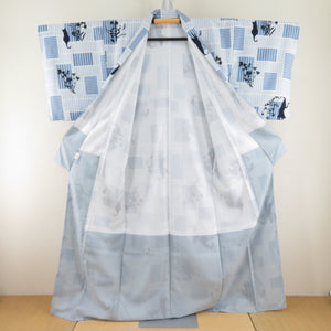 Komon lined wide collar lattice cat pattern blue x white x dark blue kimono tailoring polyester kimono 160cm