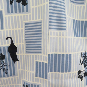 Komon lined wide collar lattice cat pattern blue x white x dark blue kimono tailoring polyester kimono 160cm