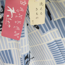 Load image into Gallery viewer, Komon lined wide collar lattice cat pattern blue x white x dark blue kimono tailoring polyester kimono 160cm
