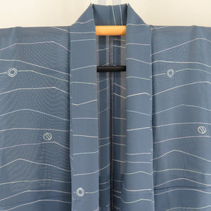 Summer kimono single garlic Gauge Garo summer squid stripes gray Blue wide collar pure silk tailor