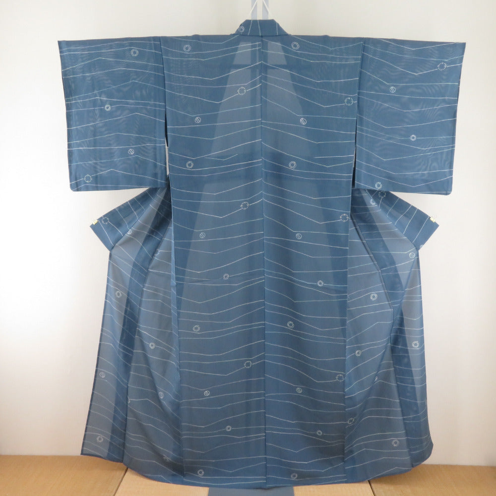 Y-700◇美品 夏着物 正絹 絽『ブルー×ドット』手縫い仕立て 小紋 着物 