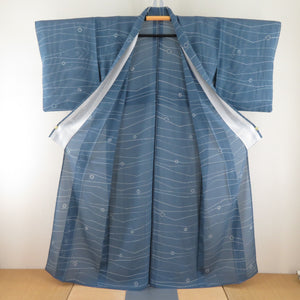 Summer kimono single garlic Gauge Garo summer squid stripes gray Blue wide collar pure silk tailor