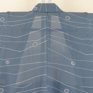 Summer kimono single garlic Gauge Garo summer squid stripes gray Blue wide collar pure silk tailor