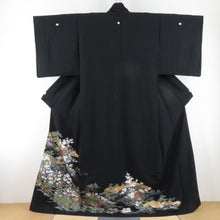 Load image into Gallery viewer, Black Tomesode Hana Kiyoshi Public Foil Pure Silk Hao Wing Lined Wide Collar Crack Crest Dewtailed Kimono Formal Tailor