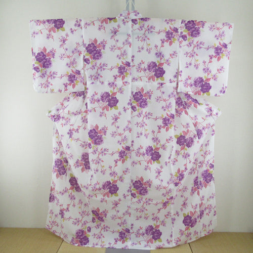 夏着物 小紋 洗える着物 単衣 桜に牡丹模様 白ｘピンクｘ紫色 バチ衿 ポリエステル100％ カジュアル 夏物 身丈163cm