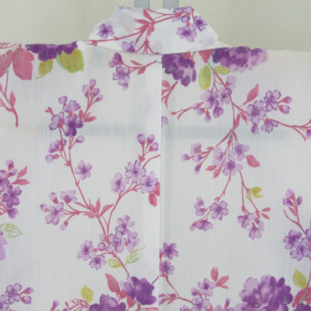 夏着物 小紋 洗える着物 単衣 桜に牡丹模様 白ｘピンクｘ紫色 バチ衿 