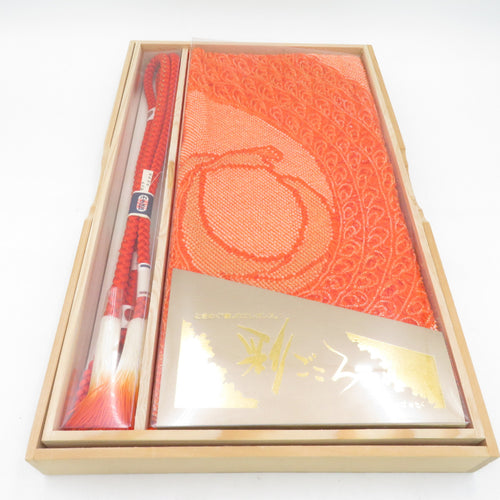 Obi tightening / obi -fried set pure silk kingeus squeezed round group orange silk 100% kimono accessory wooden box