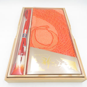 Obi tightening / obi -fried set pure silk kingeus squeezed round group orange silk 100% kimono accessory wooden box