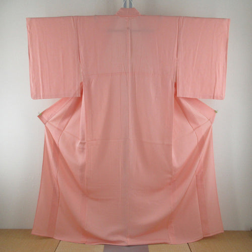 夏着物 色無地 単衣 絽 バチ衿 正絹 サーモンピンク色 一つ紋 夏用 仕立て上がり 身丈163cm