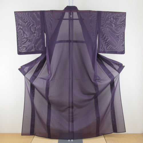 夏着物 単衣 ポリエステル 絽 バチ衿 正絹 絽 色無地 紫 一つ紋 夏用 仕立て上がり 身丈160cm 美品