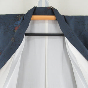 紬 着物 大島紬 紺色 一元式の絣 袷 広衿 風景模様 正絹 カジュアル着物 仕立て上がり 身丈159cm 美品