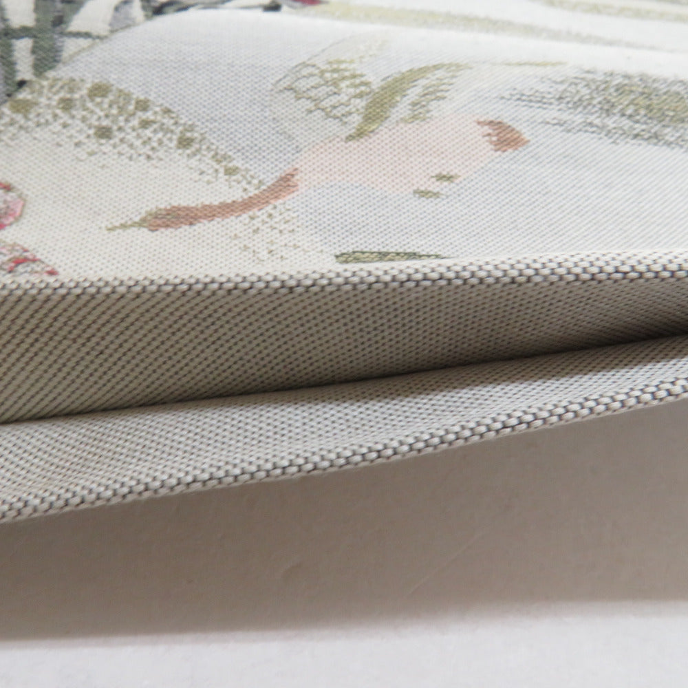 袋帯 花に鳥模様 正絹 洒落袋帯 紹巴織り ベージュ色ｘピンク色 六通柄 仕立て上がり 長さ456cm 【キモノオフ野々市若松店】 袋帯 花に鳥模様 正絹 洒落袋帯 紹巴織り ベージュ色xピンク色 六通柄