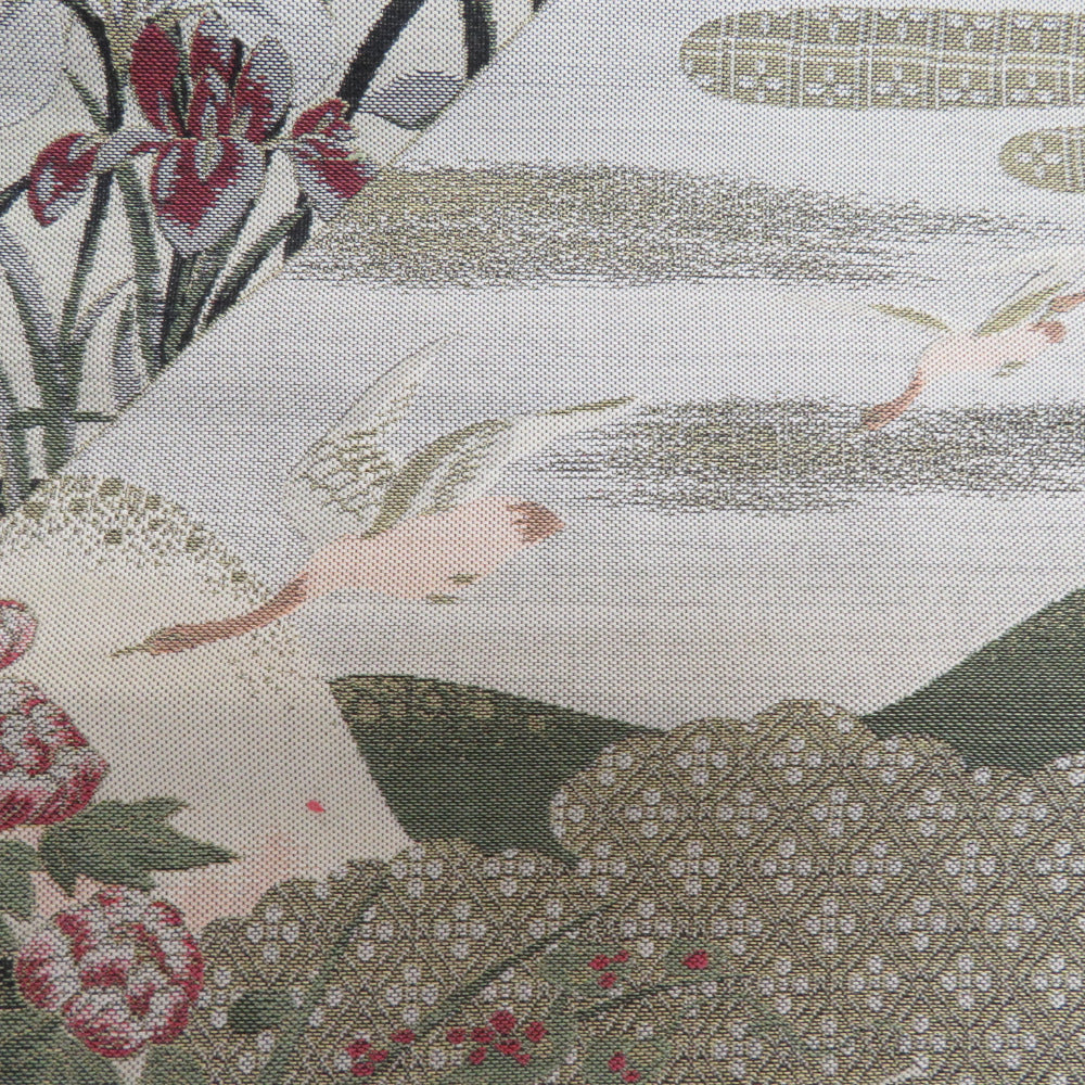 袋帯 花に鳥模様 正絹 洒落袋帯 紹巴織り ベージュ色xピンク色 六通柄