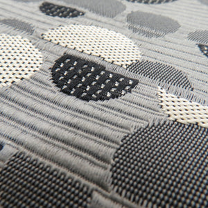 半幅帯 リバーシブル半巾帯 ポリエステル 水玉ｘ楽譜模様 灰色ｘ黒色ｘターコイズブルー 小袋帯 仕立て上がり 日本製 長さ400cm 美品