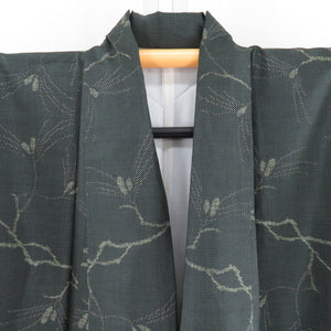 紬 着物 大島紬 深緑色 一元式の絣 袷 広衿 松ぼっくり模様 正絹 カジュアル着物 仕立て上がり 身丈156cm 美品
