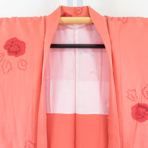 Haori silk squeezing choral orange color camellia kimono coat kimono body height 84cm