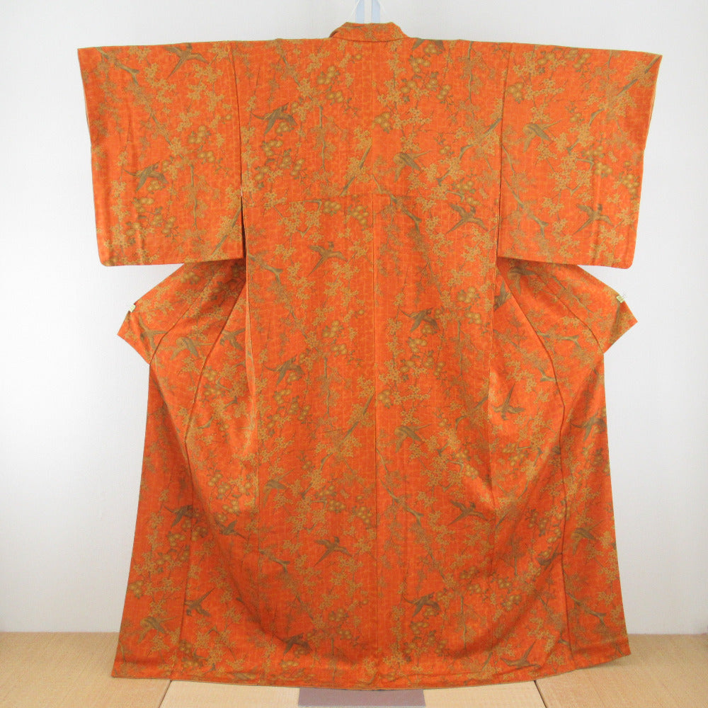 Komon flower bird pattern Pure silk pepper color x orange lined lined wide collar casual tailoring kimono 165cm beautiful goods