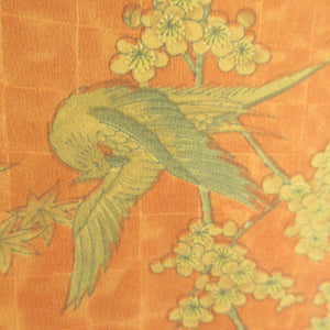 小紋 花鳥模様 正絹 辛子色ｘオレンジ色 袷 広衿 カジュアル 仕立て上がり着物 身丈165cm 美品