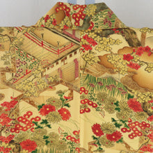 Load image into Gallery viewer, Komon Heian landscape to branch flower pattern lined brown collar yellow pure silk -tailored casual kimono 160cm