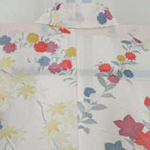 Load image into Gallery viewer, Summer kimono single garment Gauze summer flower and autumn leaves pattern cream color x multicolor wide collar pure silk tailed height 159cm