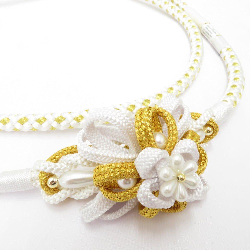 帯締め 振袖用 帯〆 白色×金色 パールビーズ 飾り付き 金糸 絹100% 丸 